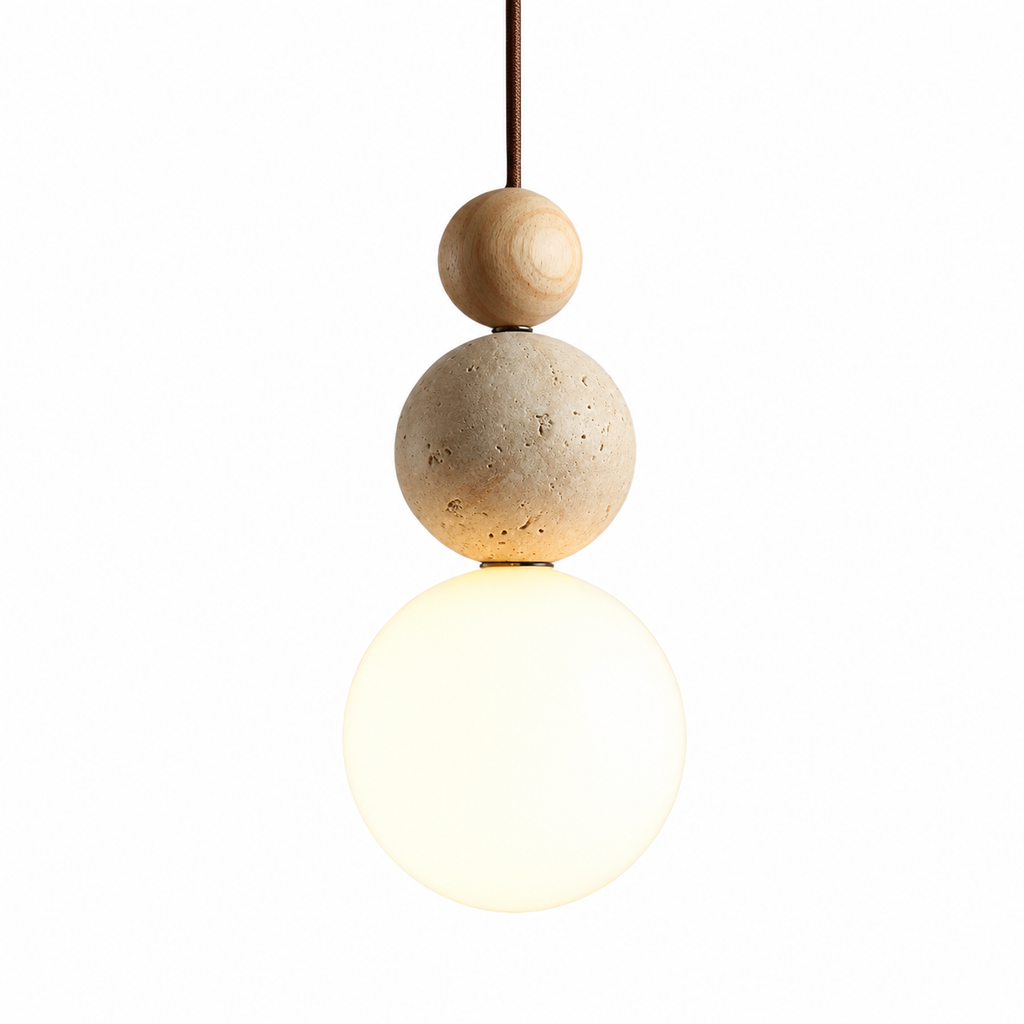 Travertine, wood and glass bedside pendant light by BROKLEN