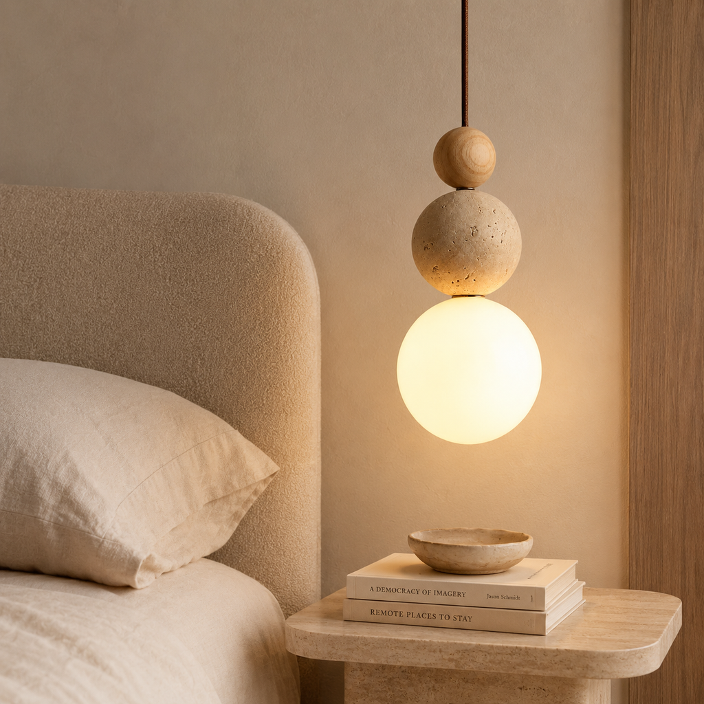 Travertine, wood and glass bedside pendant light by BROKLEN – view 2