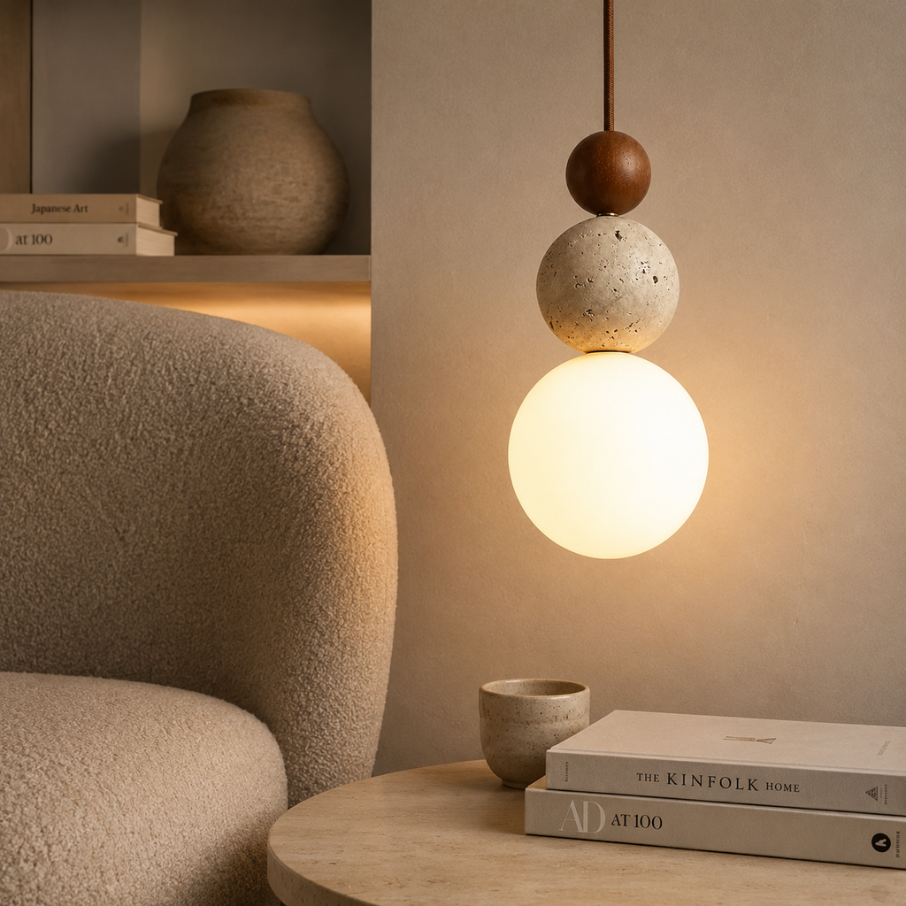 Travertine, wood and glass bedside pendant light by BROKLEN – view 5