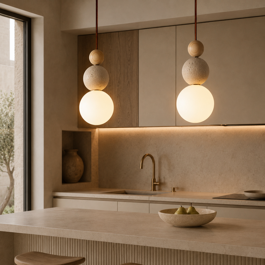Travertine, wood and glass bedside pendant light by BROKLEN – view 4