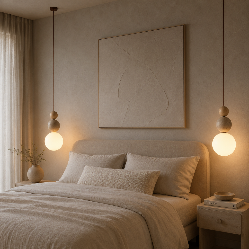 Travertine, wood and glass bedside pendant light by BROKLEN – view 3