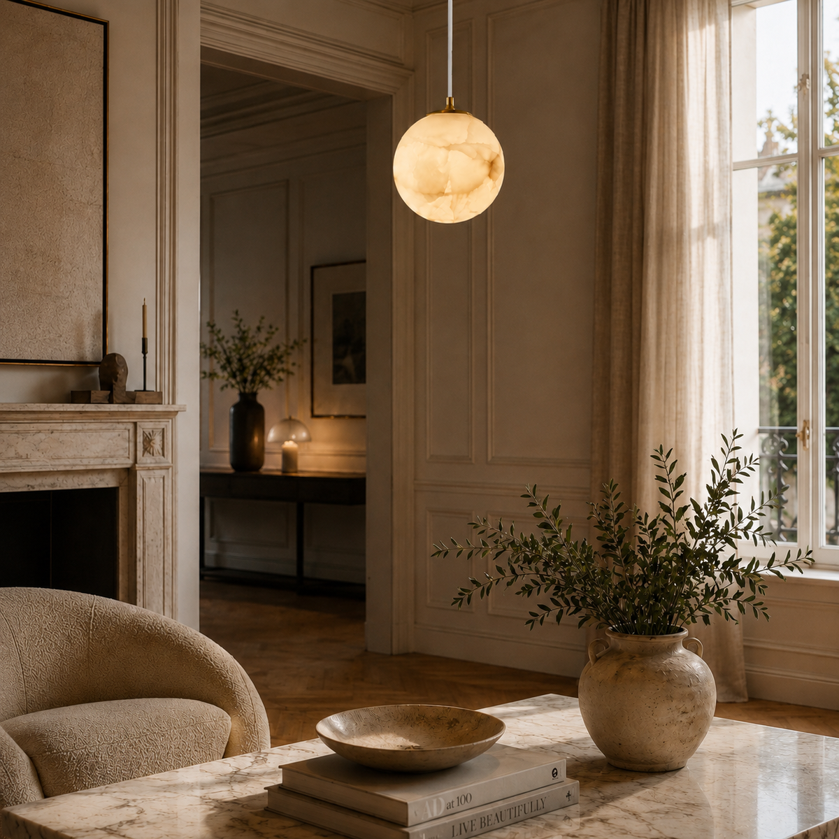 Japandi alabaster globe pendant light with brass fitting by BROKLEN – view 8