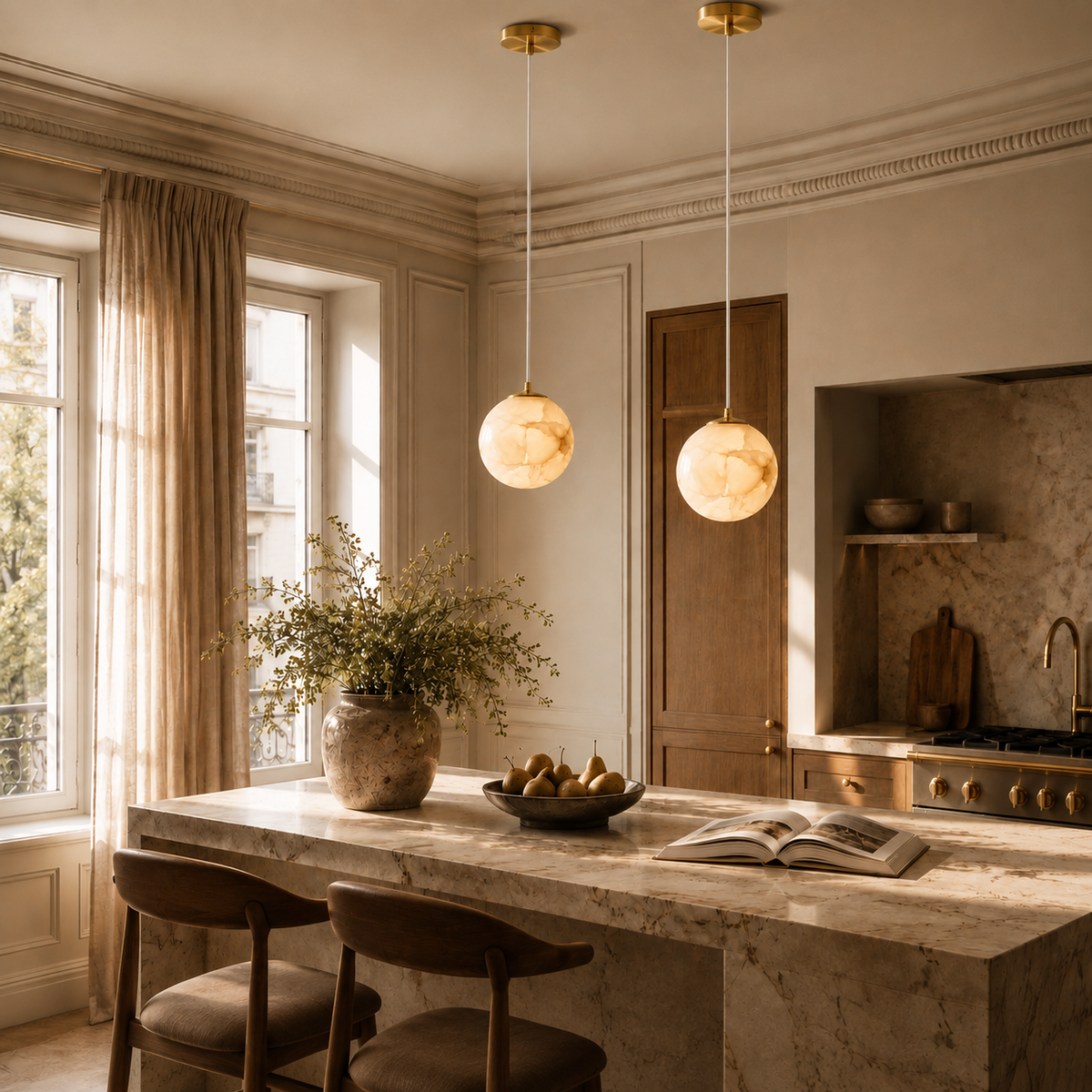 Japandi alabaster globe pendant light with brass fitting by BROKLEN – view 4