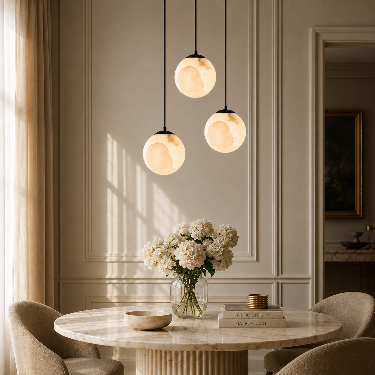 Japandi alabaster globe pendant light with brass fitting by BROKLEN – view 2