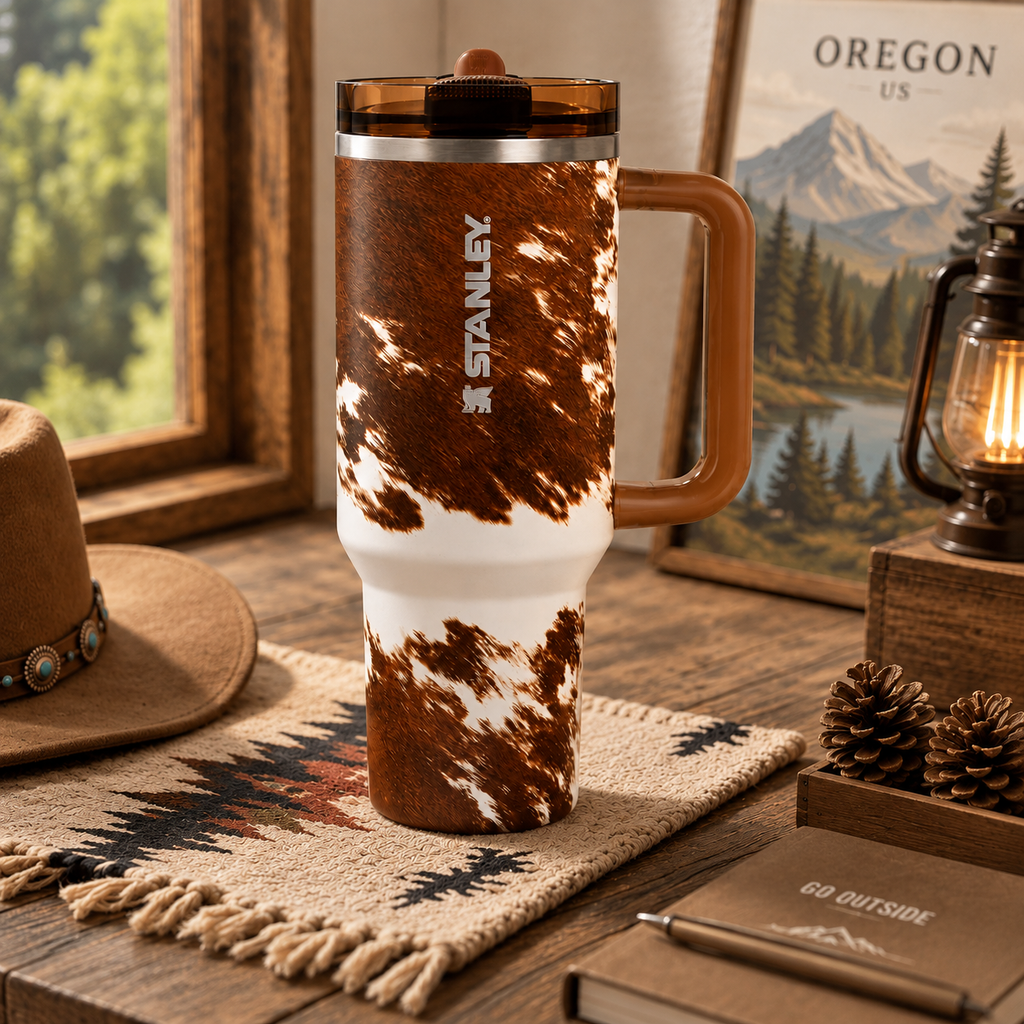 Western Cowhide Adventure Tumbler - brown cowhide print tumbler, front view