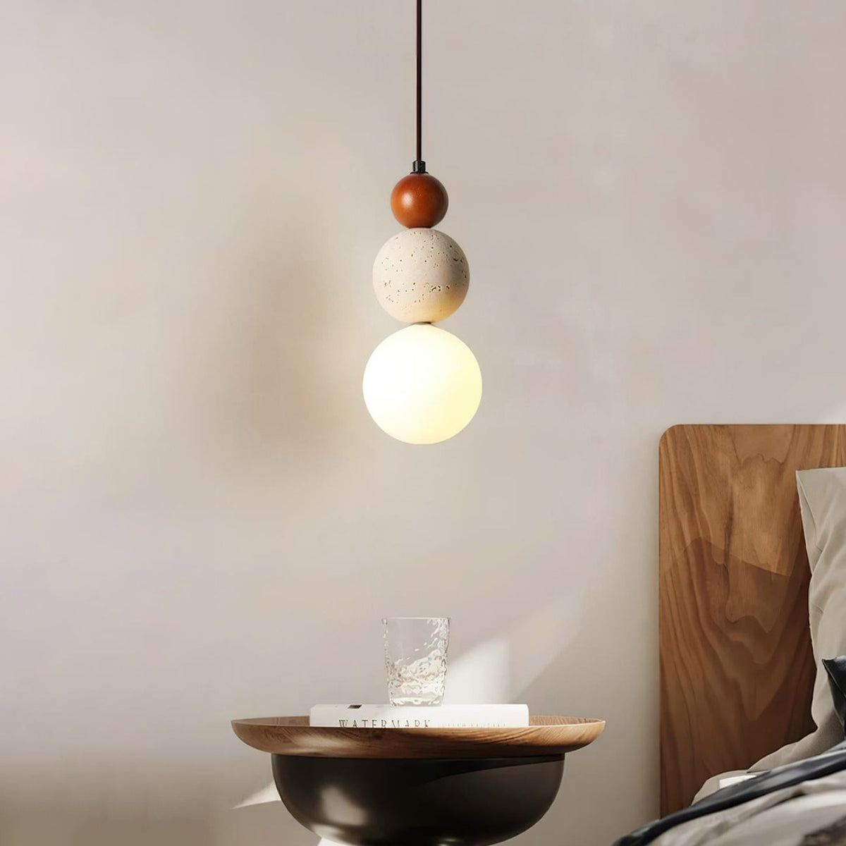 Travertine, wood and glass bedside pendant light by BROKLEN – view 7