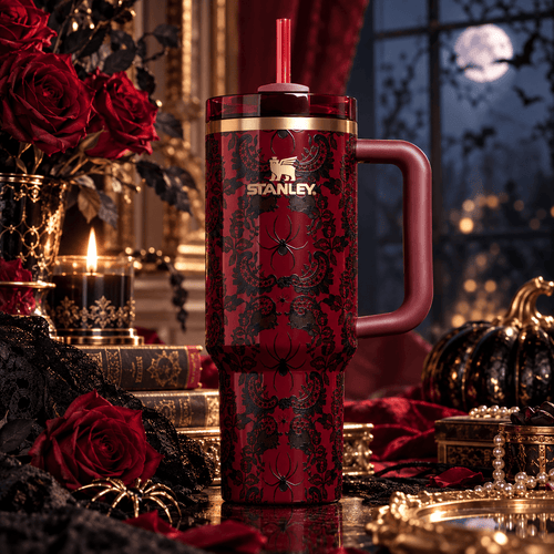 Crimson Lace Spider Tumbler - red gothic Halloween insulated tumbler, front view