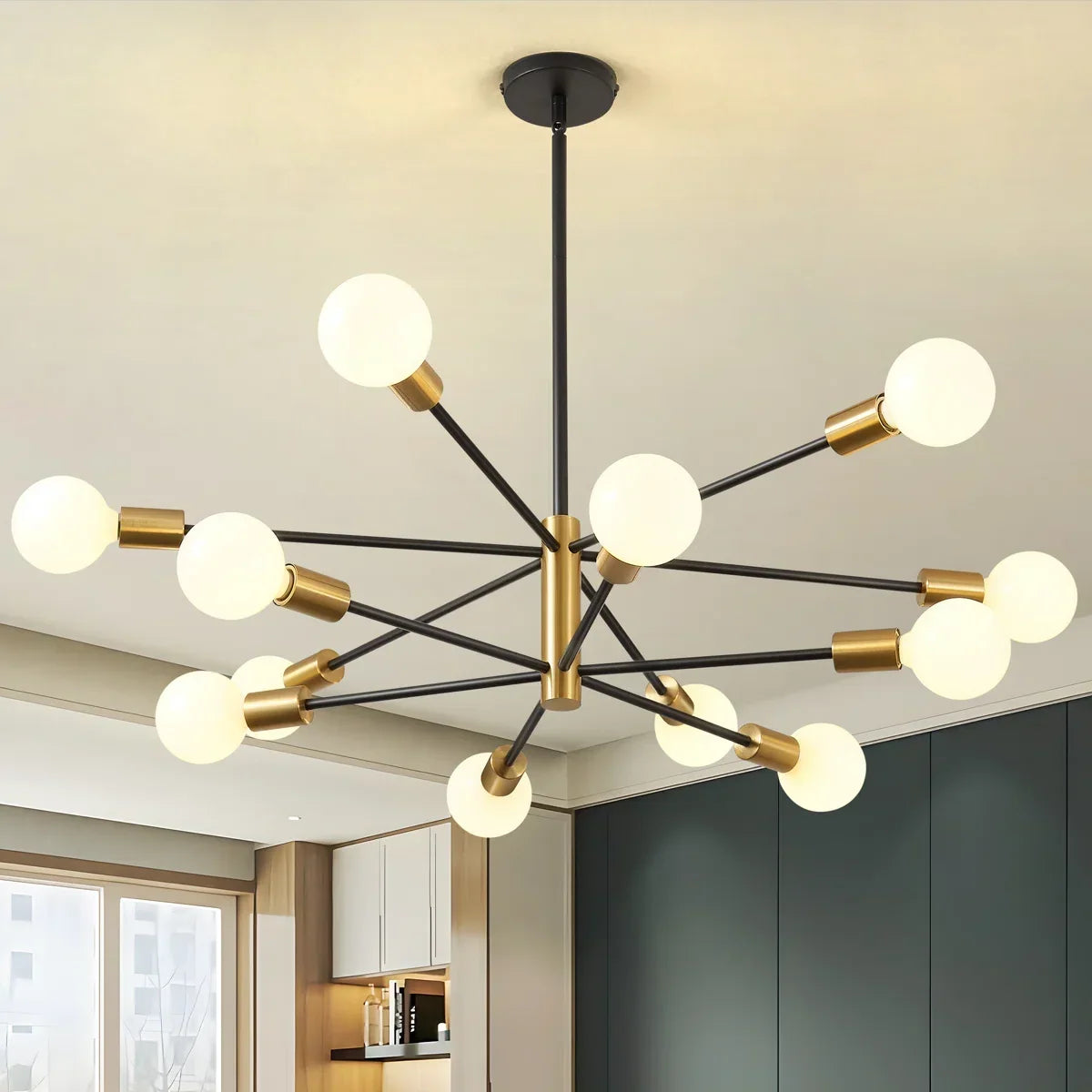12-light Sputnik chandelier with frosted globe shades by BROKLEN – view 3