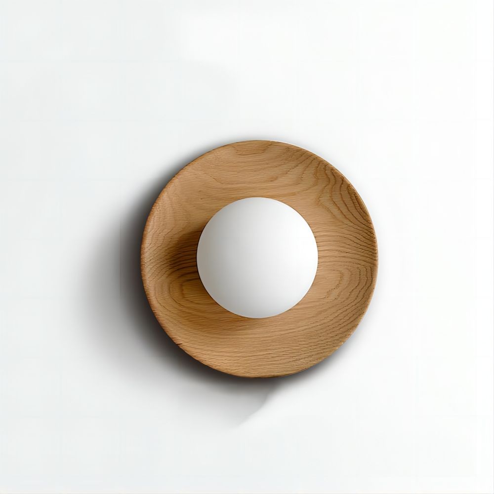 Round wooden wall light with frosted globe shade by BROKLEN – view 7