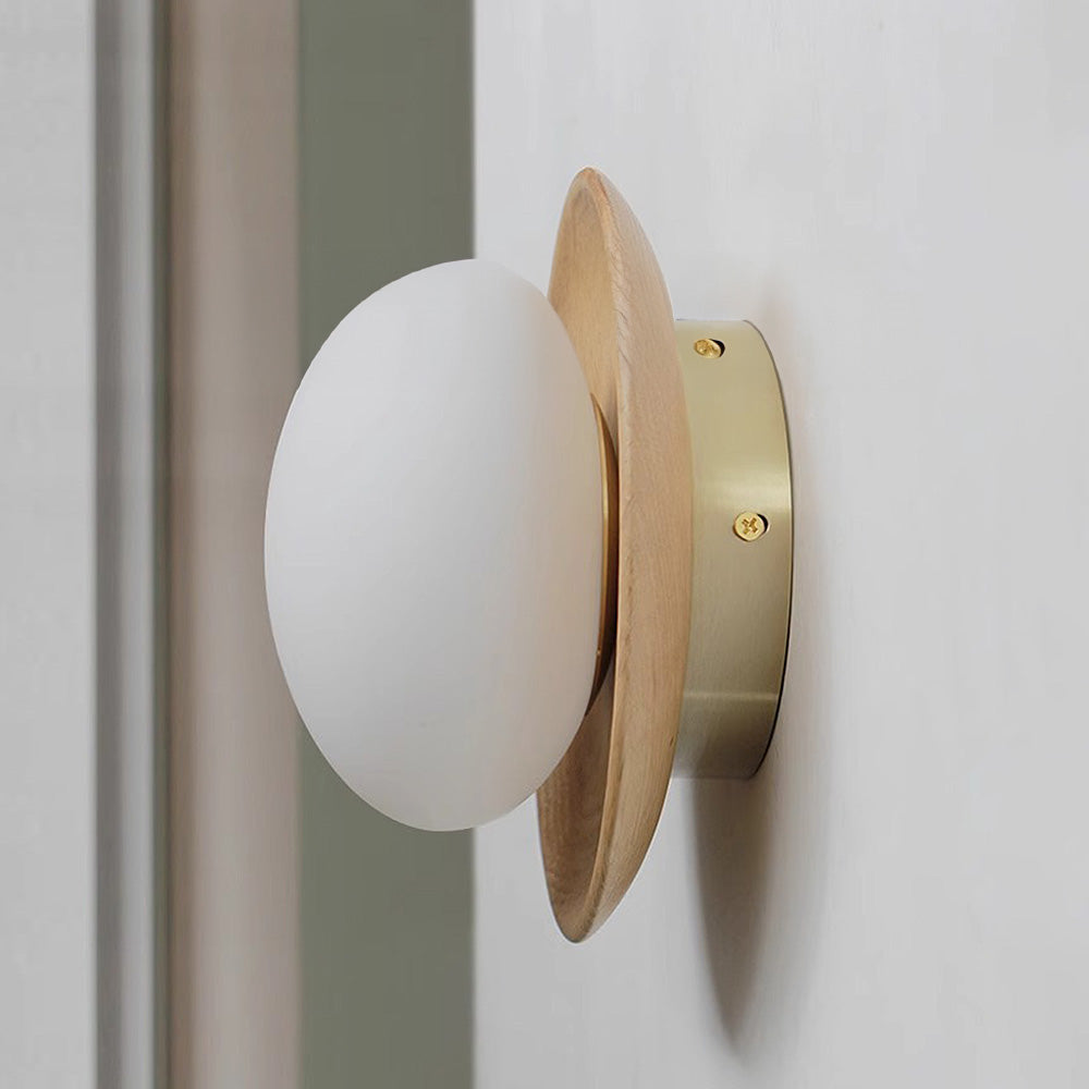 Round wooden wall light with frosted globe shade by BROKLEN – view 2