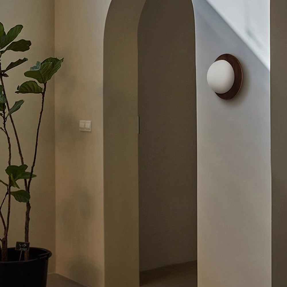 Round wooden wall light with frosted globe shade by BROKLEN – view 8