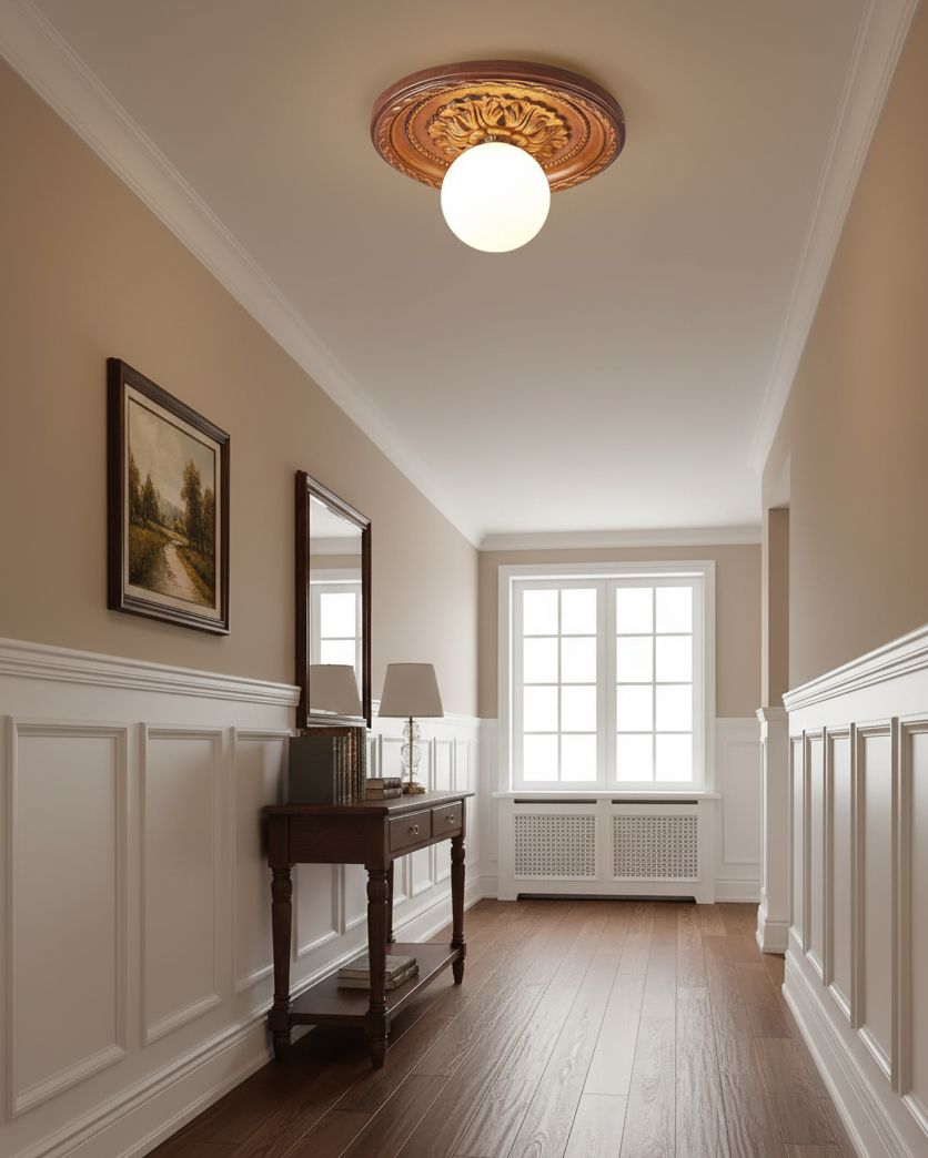 Classic relief ceiling light with frosted glass globe – flush mount light fixture by BROKLEN – view 6