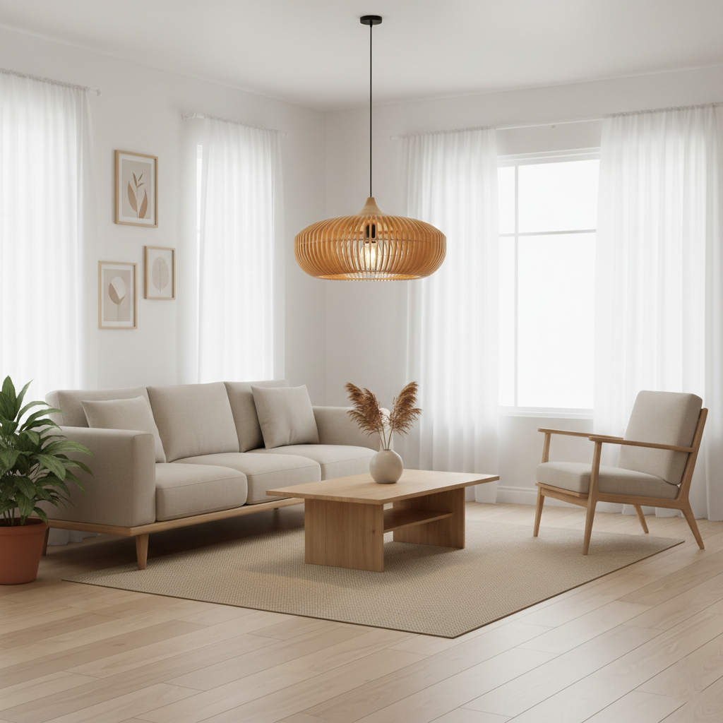 Japandi wooden slatted pendant light in oak by BROKLEN – view 4