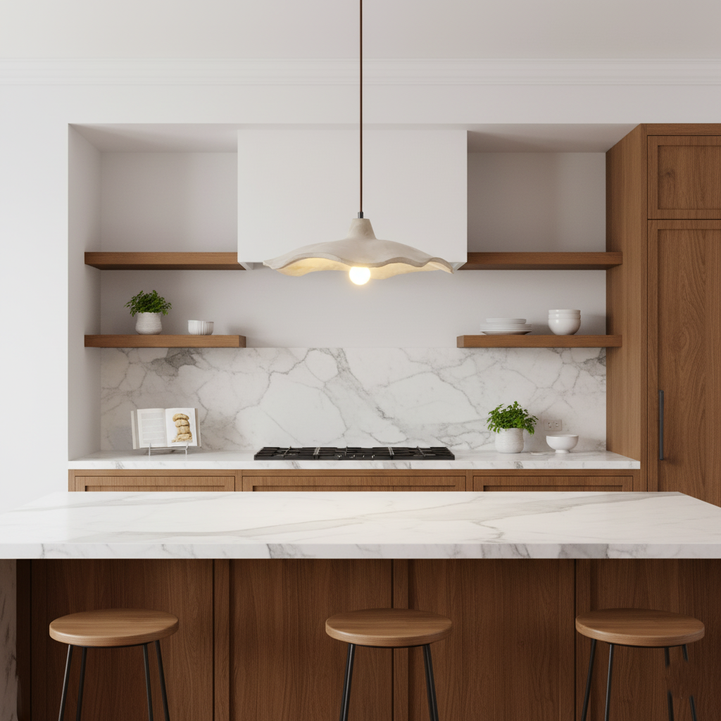 Flower-shaped cement pendant light – wabi-sabi ceiling light by BROKLEN – view 4