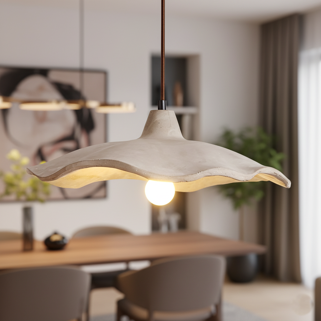 Flower-shaped cement pendant light – wabi-sabi ceiling light by BROKLEN – view 2