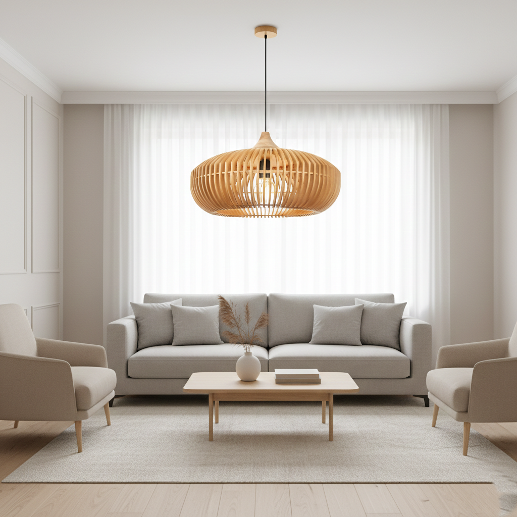 Japandi wooden slatted pendant light in oak by BROKLEN – view 6