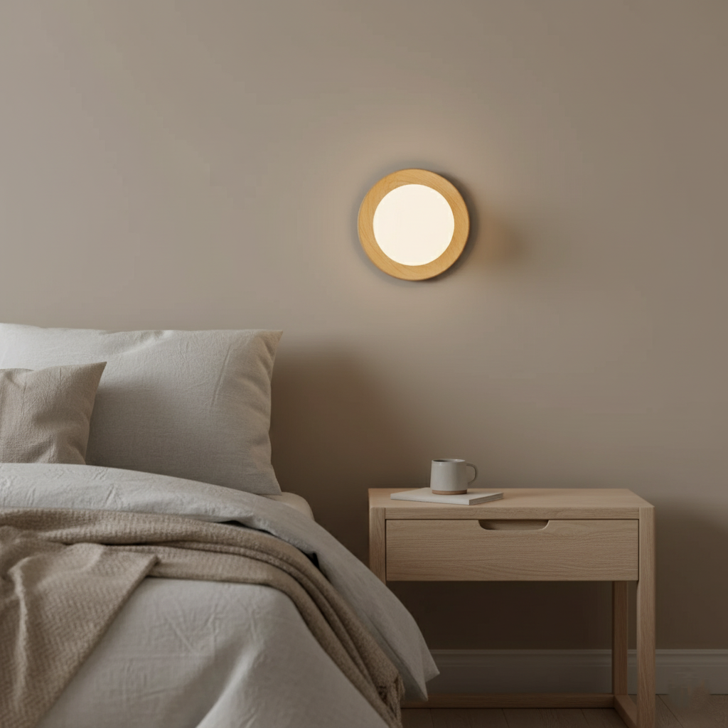 Nordic wood-tone round LED wall light by BROKLEN – view 7