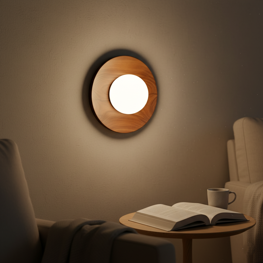 Nordic wood-tone round LED wall light by BROKLEN – view 6