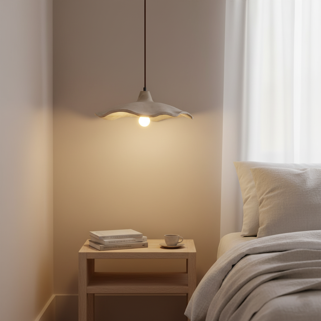 Flower-shaped cement pendant light – wabi-sabi ceiling light by BROKLEN – view 5