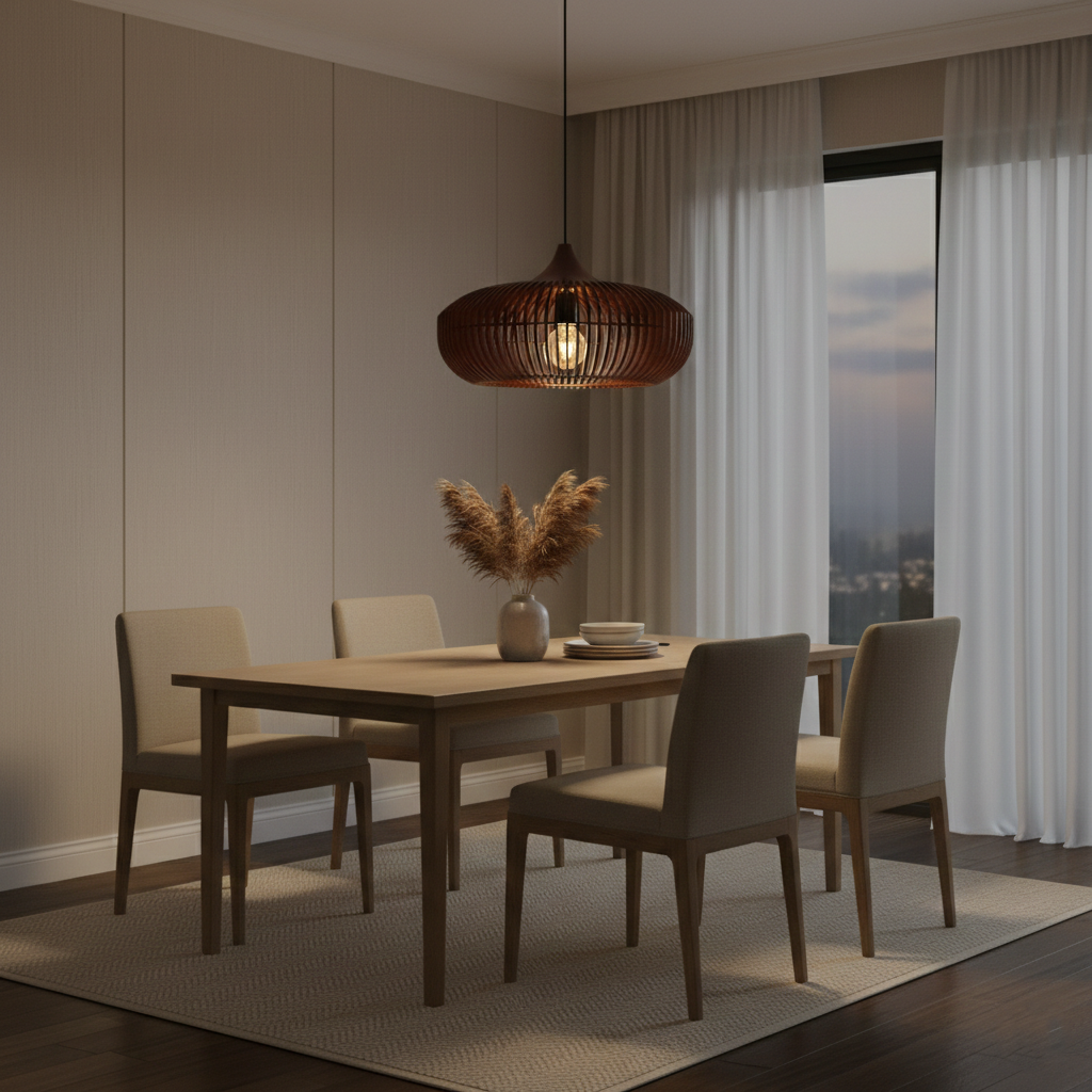 Japandi wooden slatted pendant light in oak by BROKLEN – view 3
