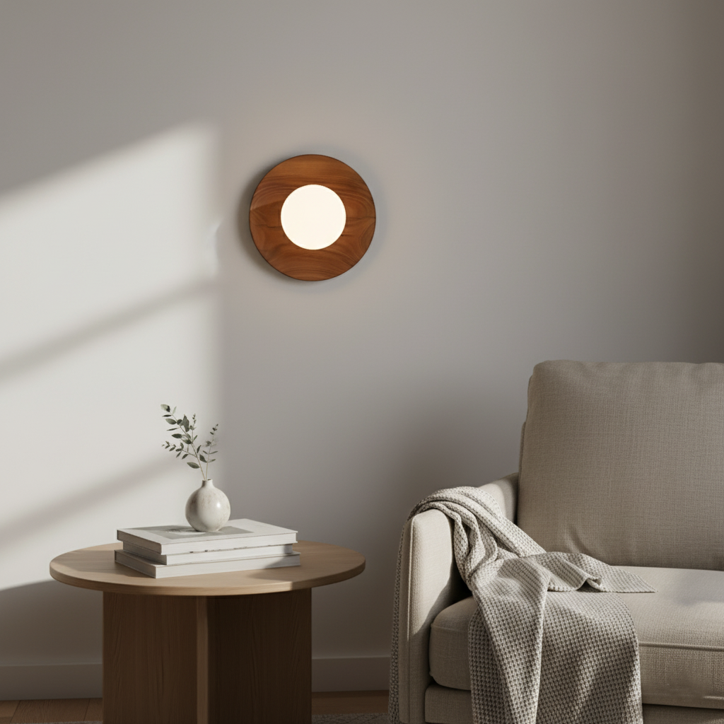 Nordic wood-tone round LED wall light by BROKLEN – view 10