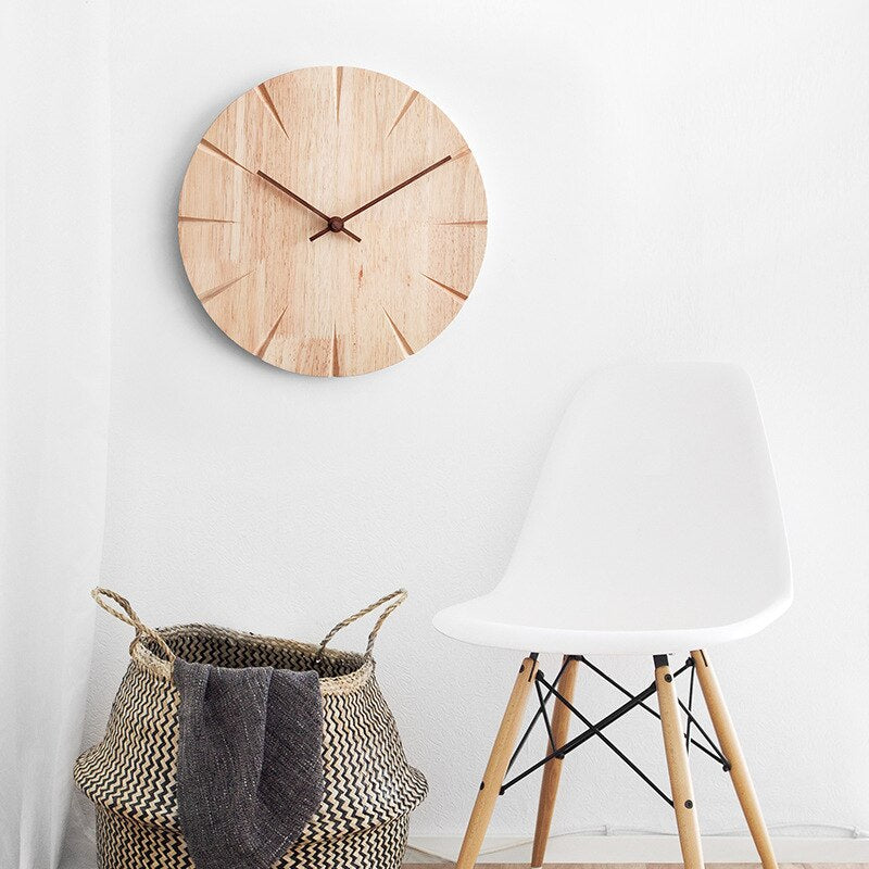 Scandinavian solid wood analogue wall clock with carved hour markers by BROKLEN