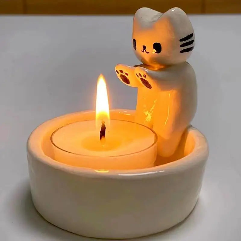 Whimsical cat tealight candle holder with round dish by BROKLEN