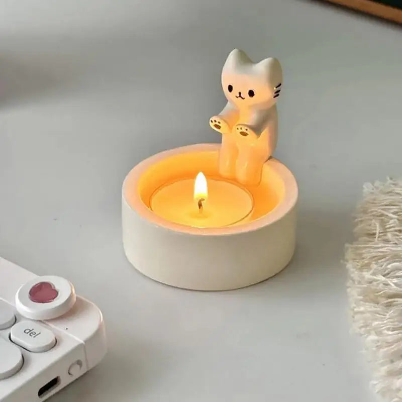 Whimsical cat tealight candle holder with round dish by BROKLEN – view 4
