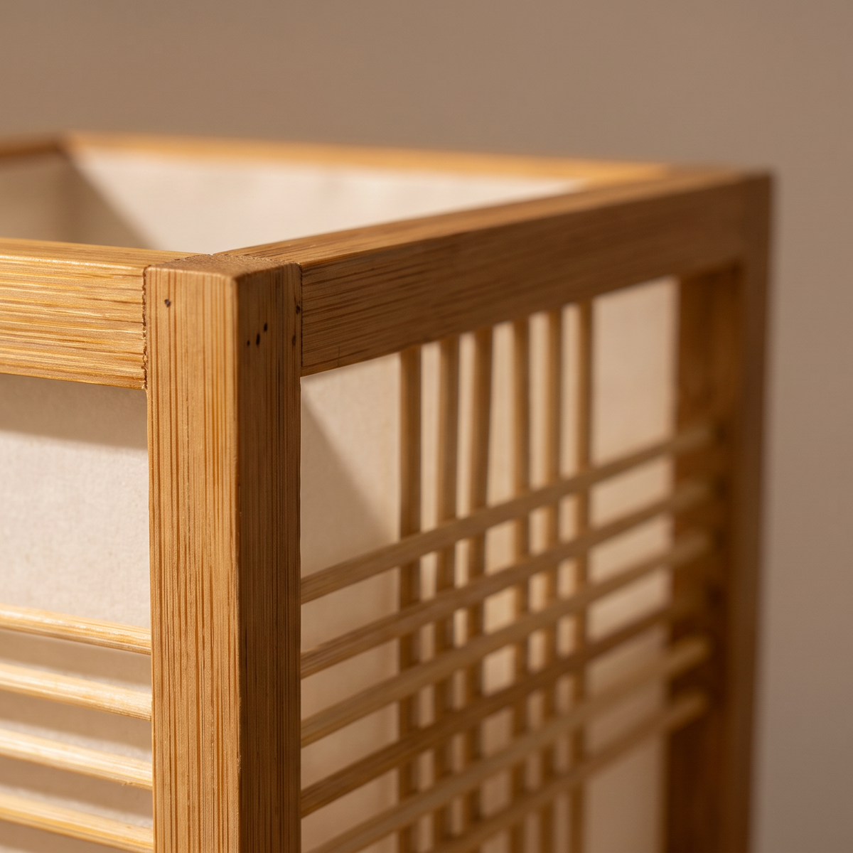 Japandi handwoven bamboo table lamp with linen diffuser by BROKLEN – view 5