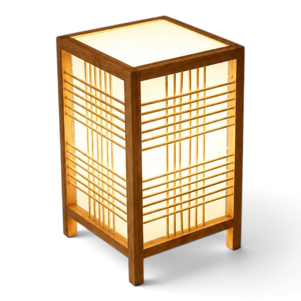 Japandi handwoven bamboo table lamp with linen diffuser by BROKLEN – view 9