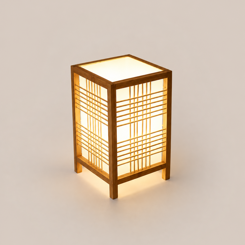 Japandi handwoven bamboo table lamp with linen diffuser by BROKLEN – view 2