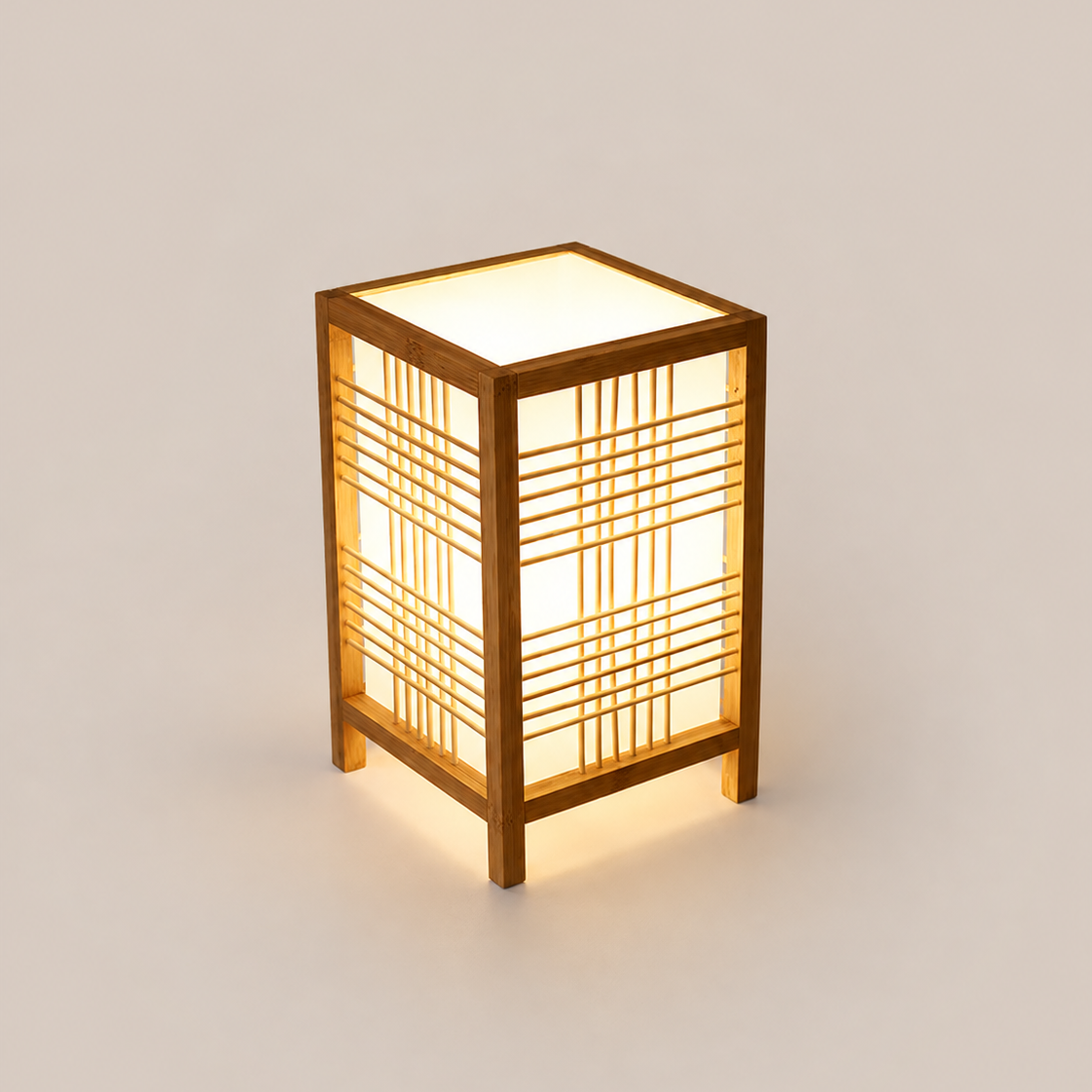 Japandi handwoven bamboo table lamp with linen diffuser by BROKLEN – view 2