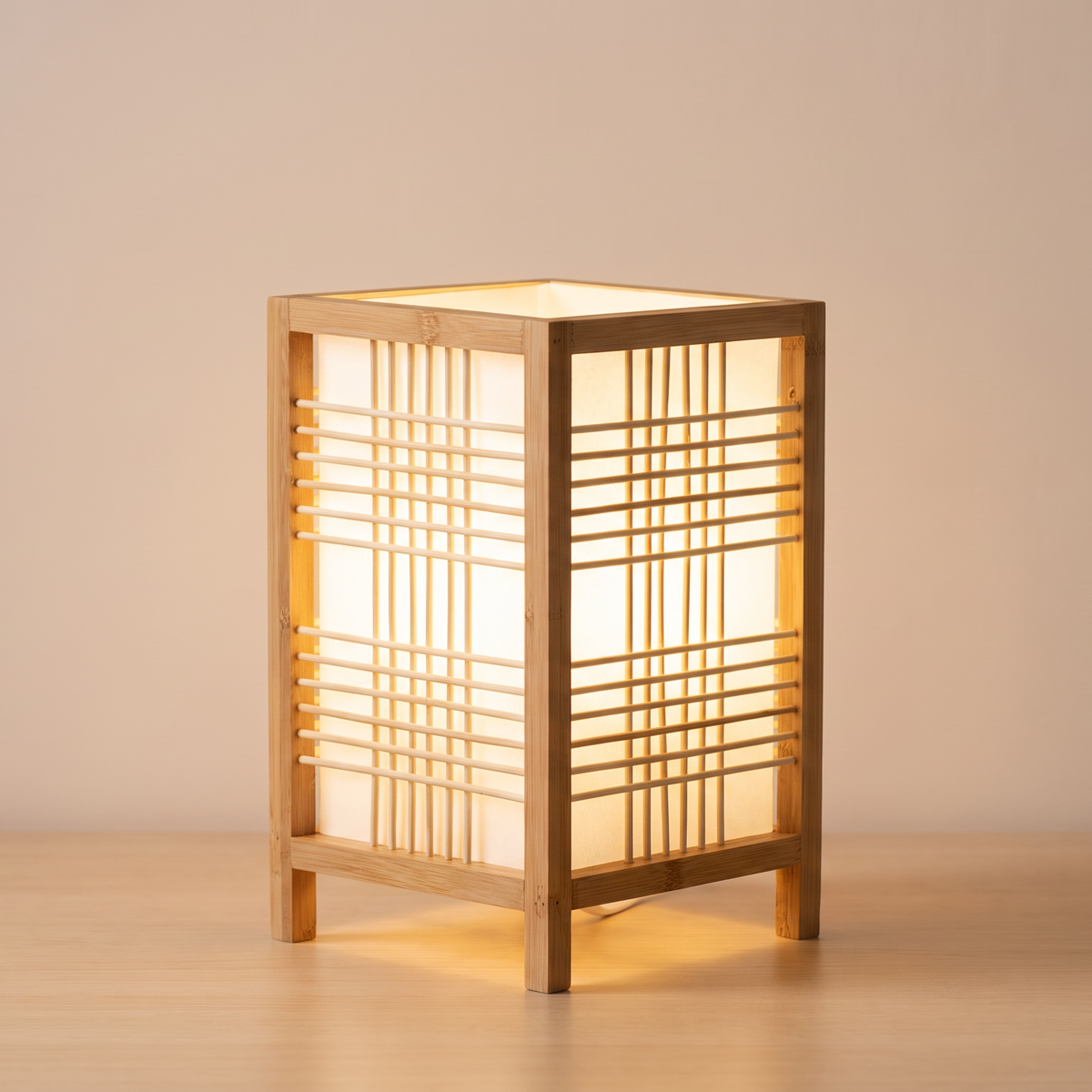 Japandi handwoven bamboo table lamp with linen diffuser by BROKLEN – view 3