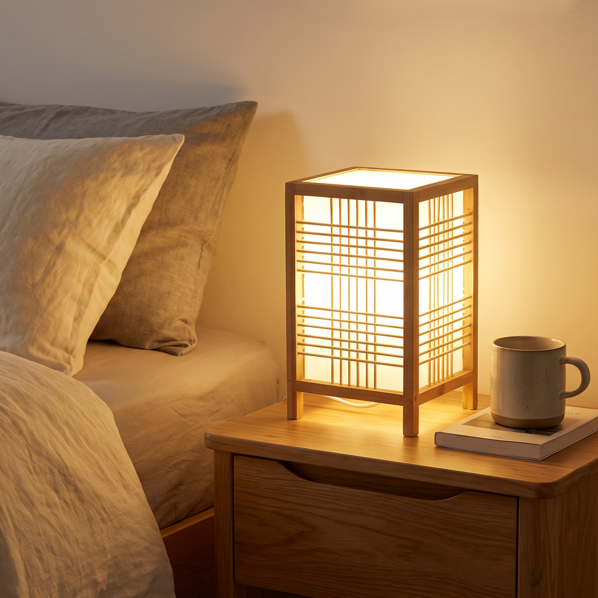 Japandi handwoven bamboo table lamp with linen diffuser by BROKLEN – view 4