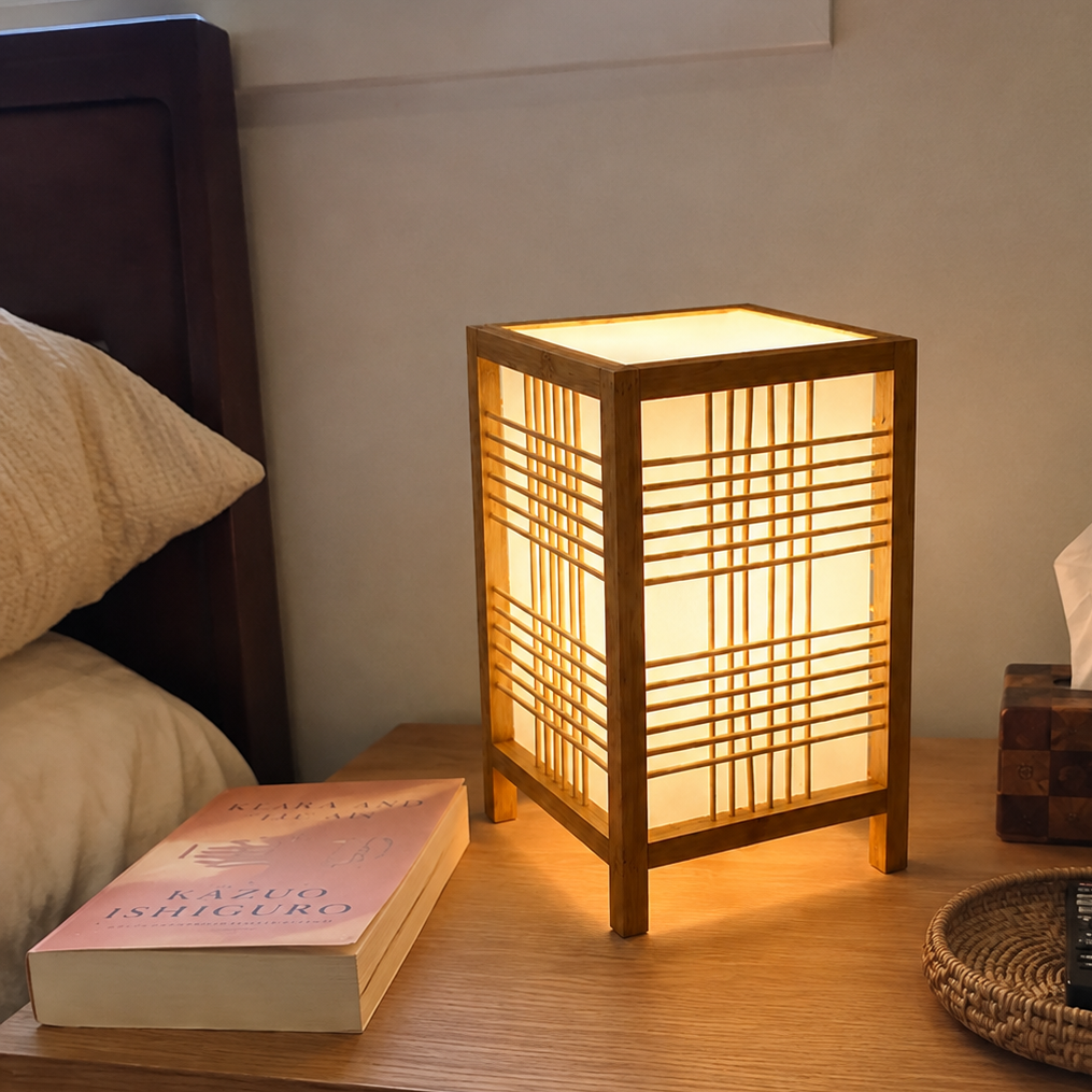 Japandi handwoven bamboo table lamp with linen diffuser by BROKLEN – view 6