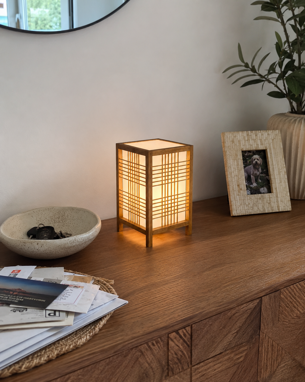 Japandi handwoven bamboo table lamp with linen diffuser by BROKLEN – view 8