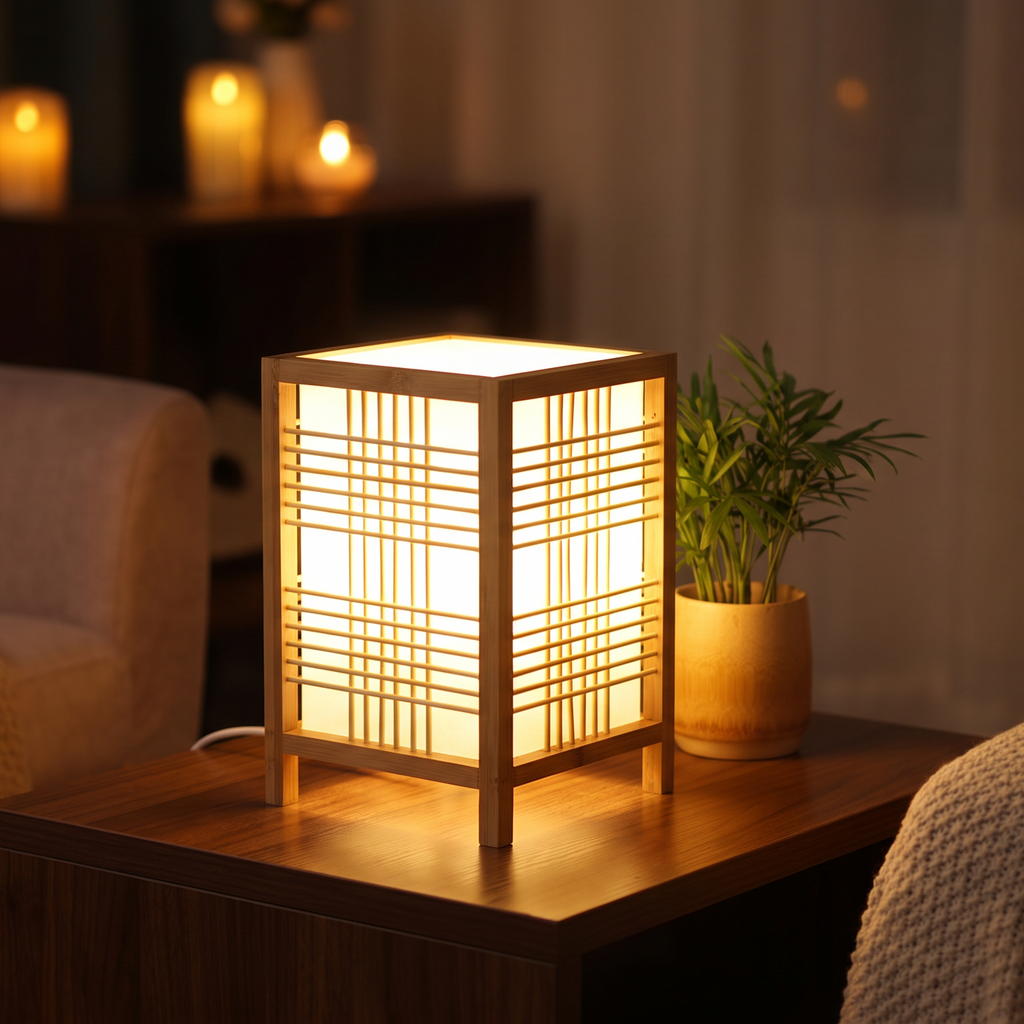 Japandi handwoven bamboo table lamp with linen diffuser by BROKLEN