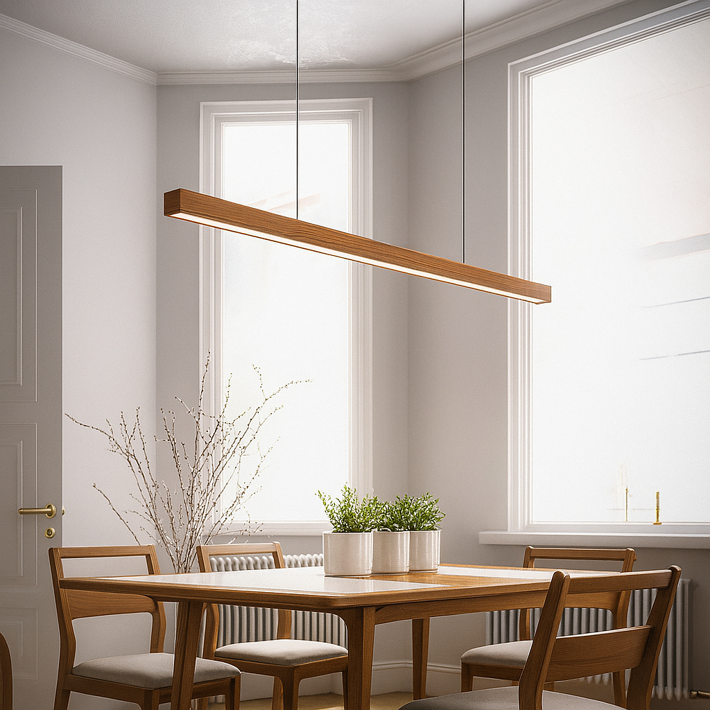 Linear wooden LED bar pendant light over a dining table by BROKLEN