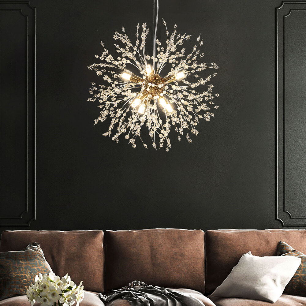 9-light crystal Sputnik firework chandelier in brass and chrome by BROKLEN – view 3