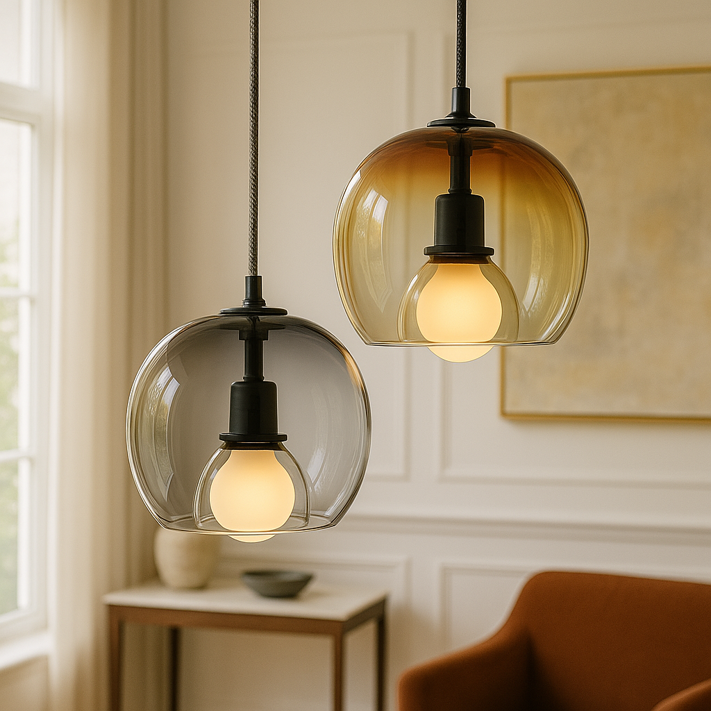 Modern ombre glass pendant lamp in amber, grey and clear by BROKLEN