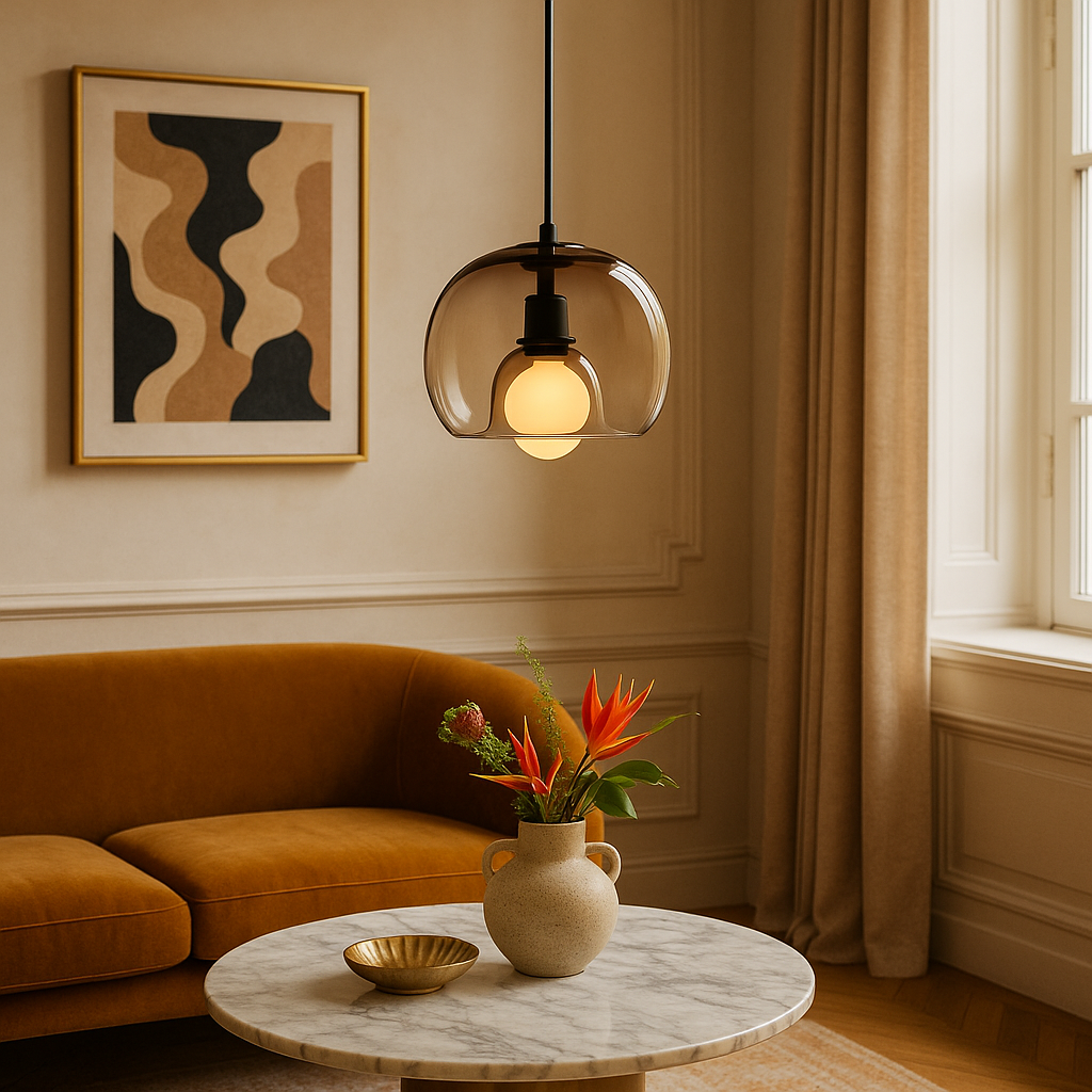 Modern ombre glass pendant lamp in amber, grey and clear by BROKLEN – view 4