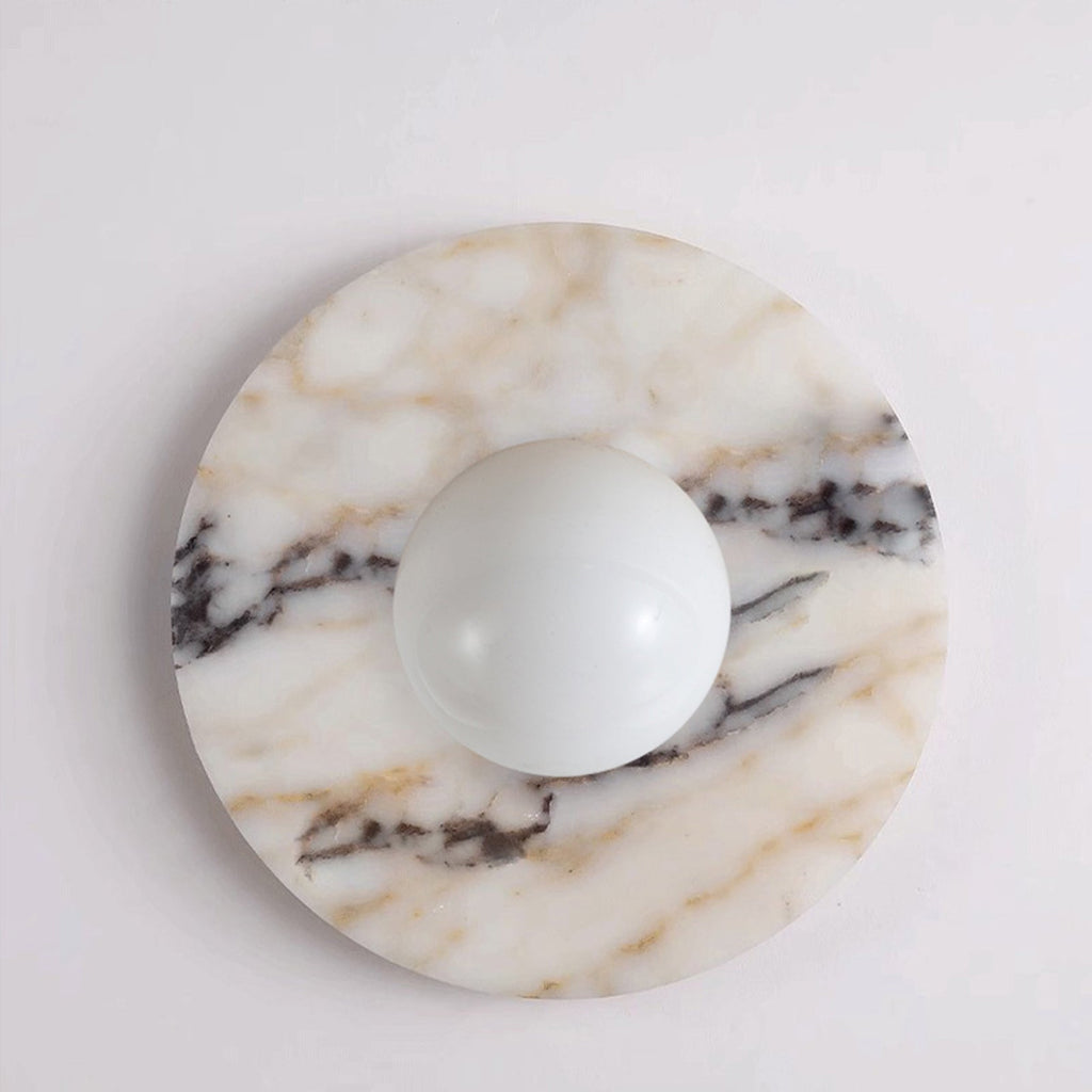 Marble wall light with round backplate and frosted globe shade by BROKLEN – view 5