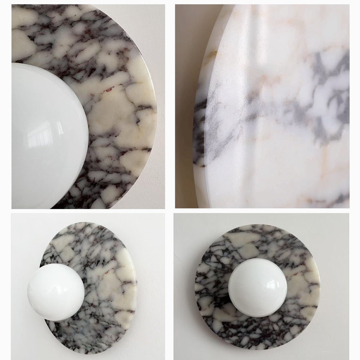 Marble wall light with round backplate and frosted globe shade by BROKLEN – view 6