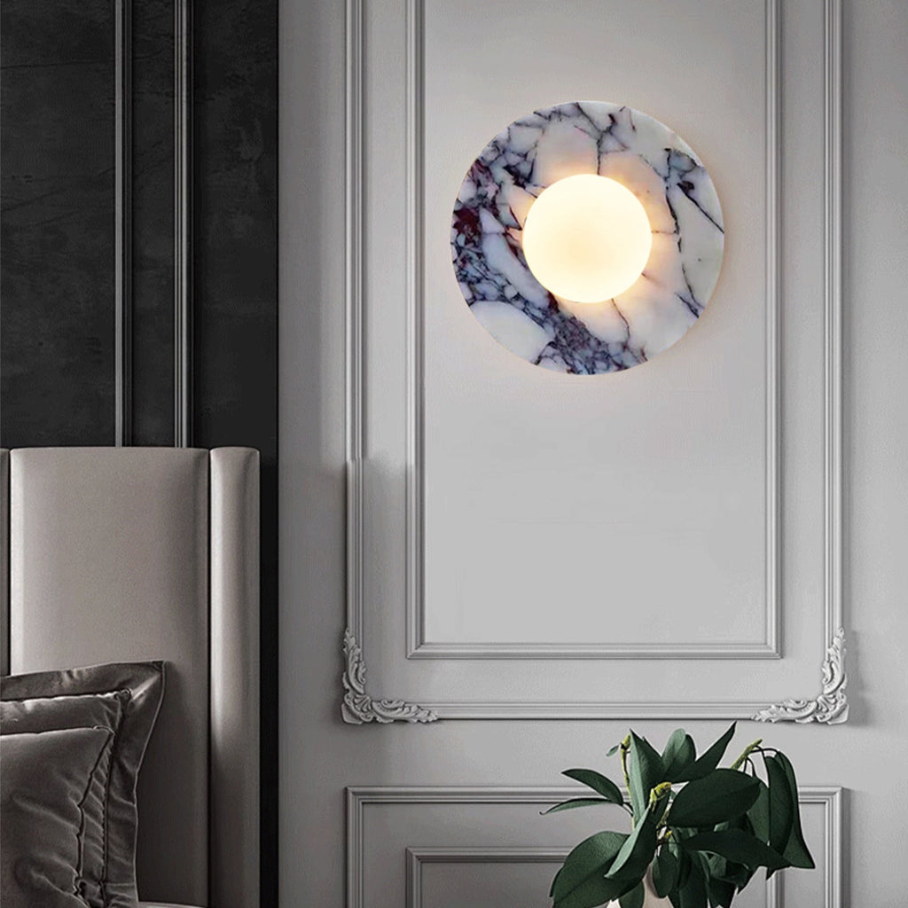 Marble wall light with round backplate and frosted globe shade by BROKLEN – view 2