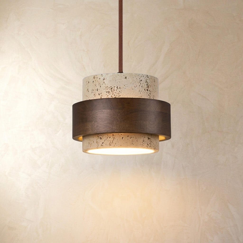 Travertine pendant light with layered cylindrical shade and walnut by BROKLEN