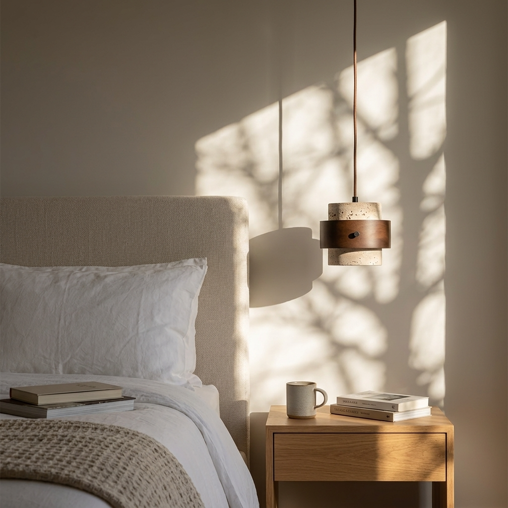 Travertine pendant light with layered cylindrical shade and walnut by BROKLEN – view 4
