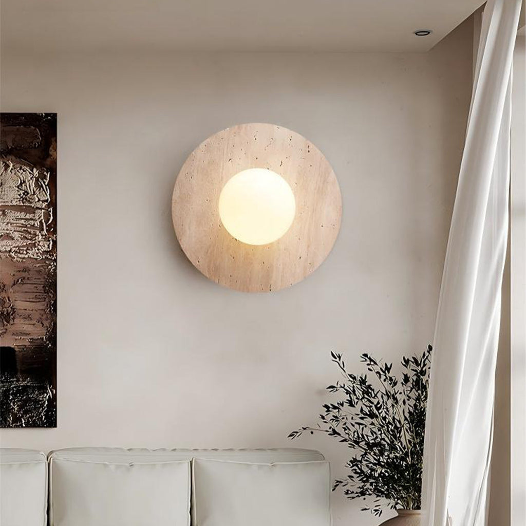 Natural travertine wall sconce with frosted globe by BROKLEN – view 2