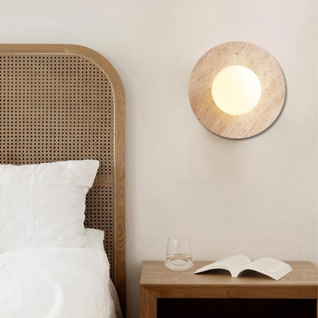 Natural travertine wall sconce with frosted globe by BROKLEN – view 3