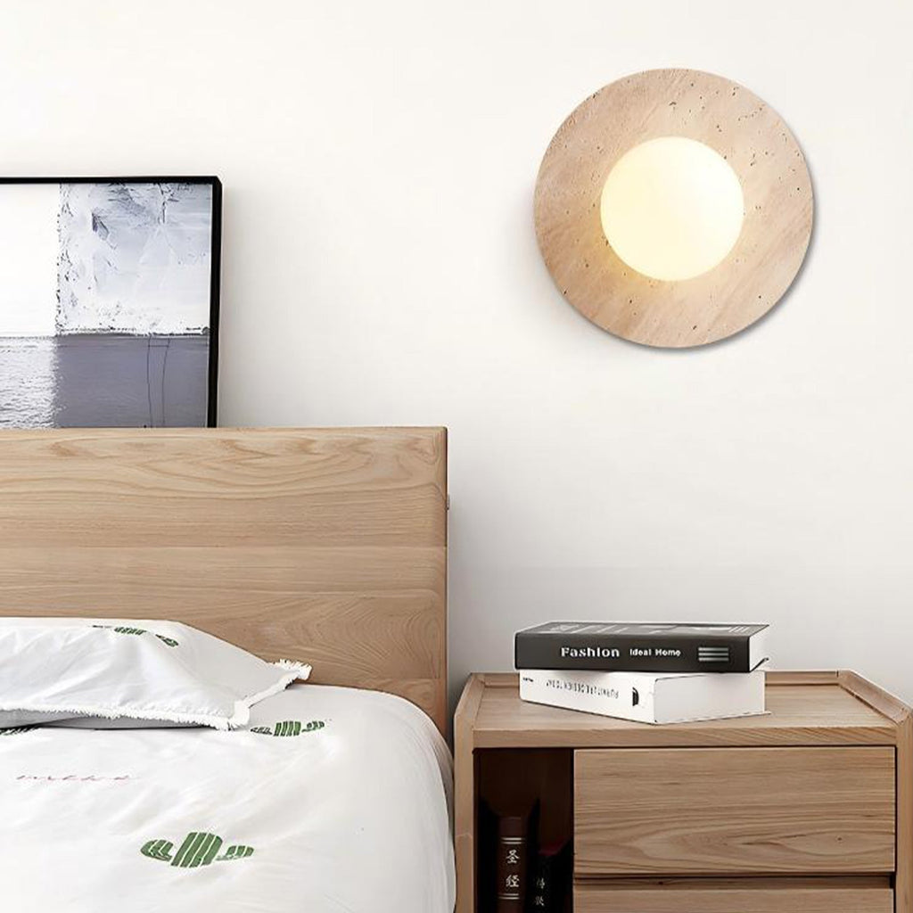 Natural travertine wall sconce with frosted globe by BROKLEN – view 6