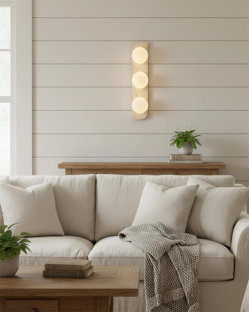 Travertine wall light with frosted glass globes by BROKLEN – view 10